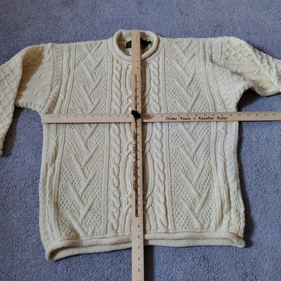 Irish Woolen Mills Sweater Mens Medium Beige Wool Cableknit Roll Neck Fisherman - Picture 8 of 11